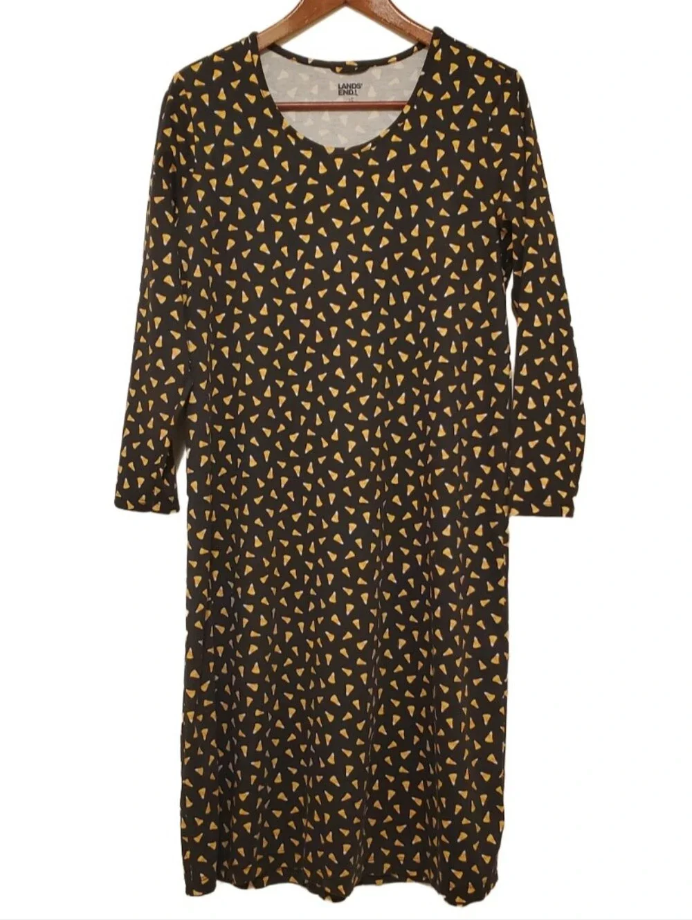 Lands End Candy Corn Print Black Dress Long Sleeve Size Large Petite